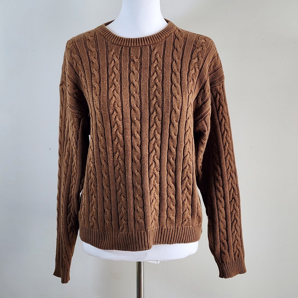 Leigh Morgan Cable Knit Sweater Womens Medium Brown Cotton Natural Earthy Fall